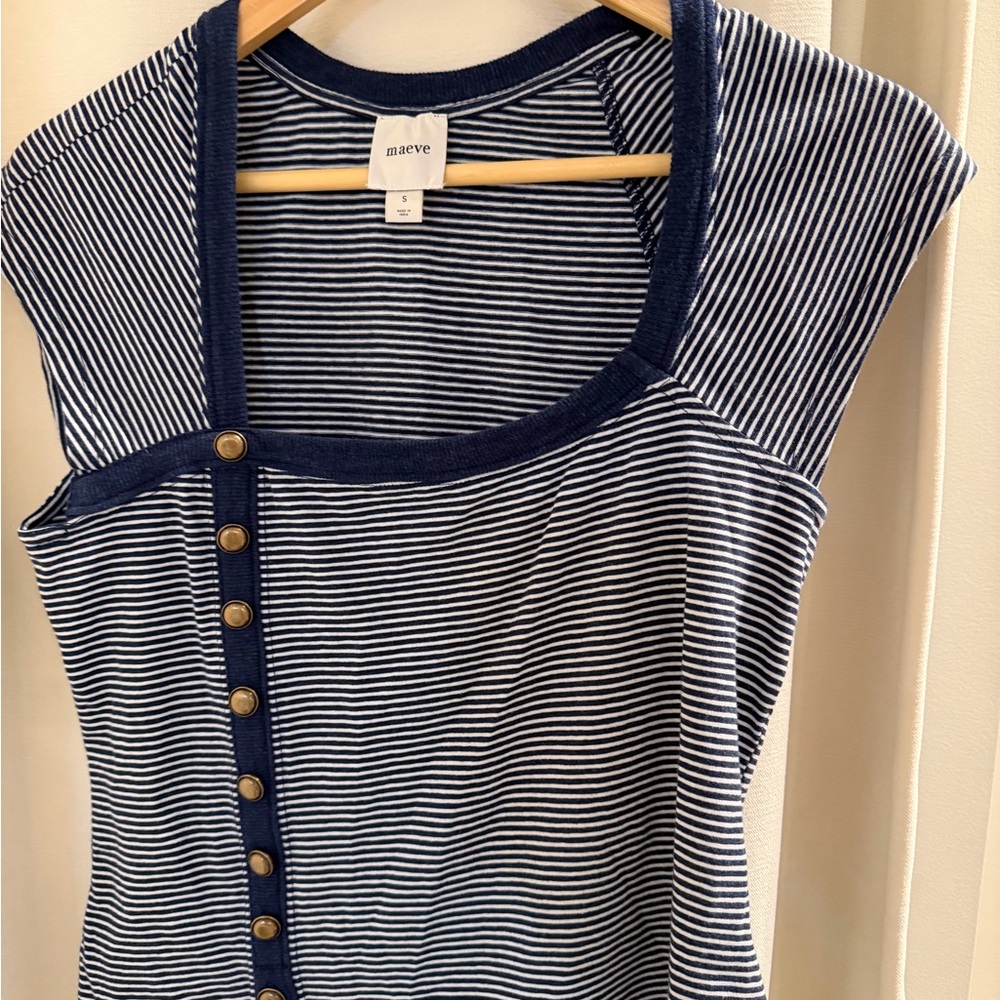 Maeve Navy & White Striped Button-Front Tank